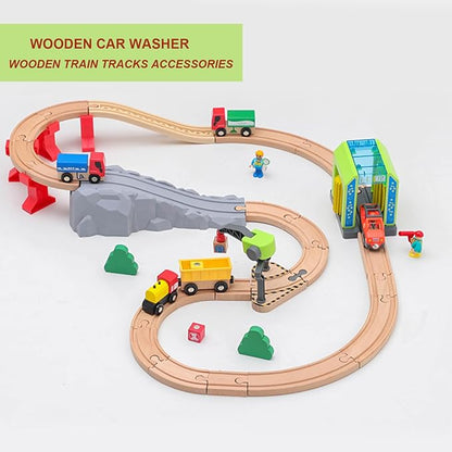 Car Wash Toy for Wooden Train Set Accessories,Wooden Train Washing Station Playset for Toddlers,Compatible with Thomas, Brio, Chuggington