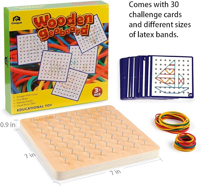 Coogam Wooden Geoboard Mathematical Manipulative Material Array Block Geo Board – Graphical Educational Toys with 30Pcs Pattern Cards and Latex Bands Shape STEM Puzzle Matrix 8x8 Brain Teaser for Kid