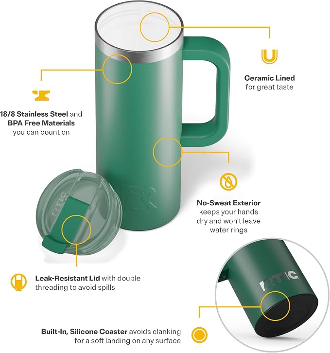 RTIC 20oz Road Trip Travel Mug with Lid and Handle, Ceramic Lined, Insulated, Stainless Steel, Metal, Double Wall Vacuum-Insulation, Portable Coffee, Tea Cup for Hot and Cold Drink, Pine Tree
