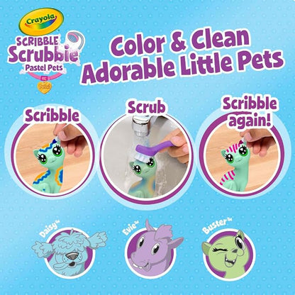 Crayola Scribble Scrubbie Pastel Pets (3ct), Grooming Animal Toy for Kids, Washable Animal Figurine, Kids Gift, Toys for Girls & Boys, 3+