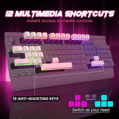 Pink Creamy Keyboard, 104 Keys All-Metal Panel, Rainbow LED Backlit Silent Gaming Keyboard, Wrist Rest, PBT Keycap, Anti-ghosting Keys, Light Up USB Wired Computer Keyboard for PC | Pink Creamy Keyboard Rainbow LED Backlit, Wrist Rest, PBT keycaps, Ant...