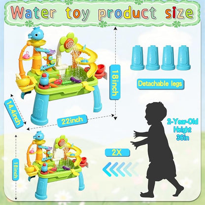 Dergo Upgraded Water Table for Toddlers Toy Set, Kids Sensory Sand Table Play Sink Shower Sprinkler, Summer Birthday Gift STEM Fishing Playset for Boys Girls Ages 3 4 5 6 7