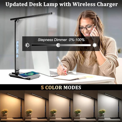 Dott Arts LED Desk Lamp with Wireless Charger, Touch Control Study Lamp with USB Charging Port, Table Lamp with Clock, Alarm, Date, Temperature, Office Lamp, Desk Lamps for Home Office,Black