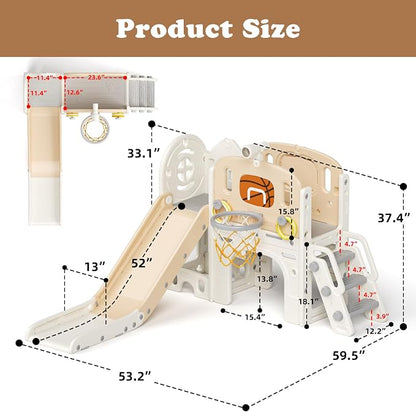 XJD 8 in 1 Toddler Slide Set, Kids Slide for Toddlers Age 1+, Climber Slide PlaySet with Basketball Hoop and Ball,Outdoor Indoor Playground for Toddlers 1-3 (Beige, Small)