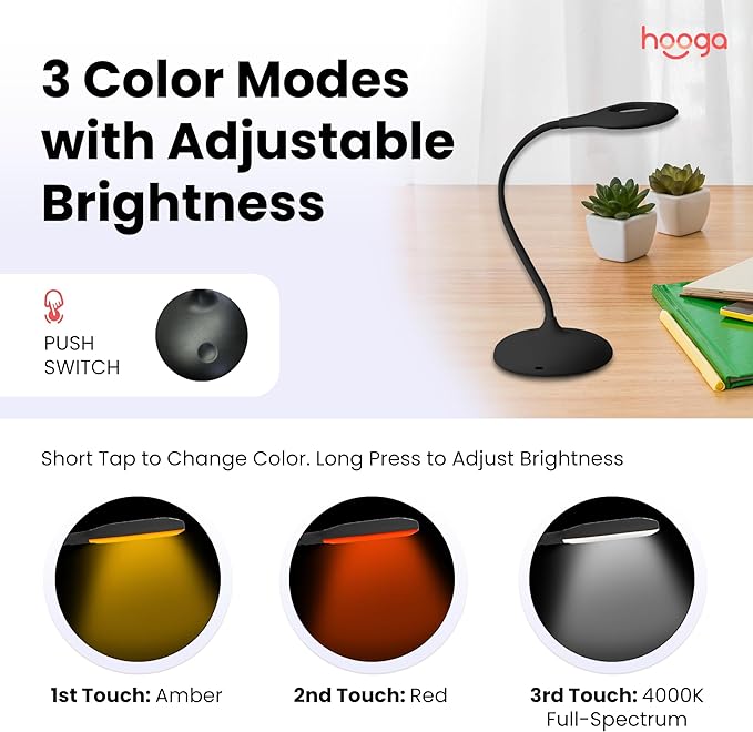 Hooga Desk Lamp, Blue Light Blocking, 3 Color Modes, 1600K Amber, Red, 4000K Full-Spectrum White Light. Office Lamp. Dimmable Reading Lamp. Reduces Eye Strain. Rechargeable. Circadian Rhythm Friendly.