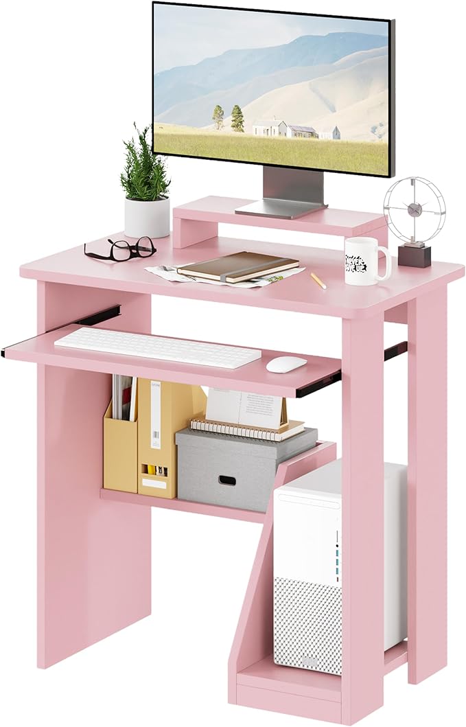 ALISENED 30 Inch Computer Desk, with Keyboard Tray & Monitor Stand | Compact Desk for Space-Saving, Ergonomic Study Desk with Storage Shelves for Writing, Gaming, Working, Pink