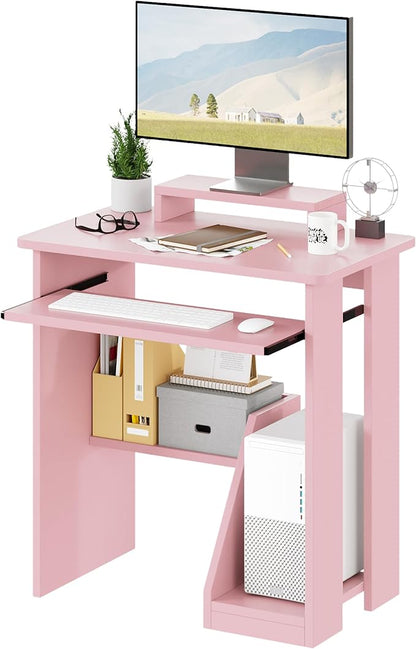 ALISENED 30 Inch Computer Desk, with Keyboard Tray & Monitor Stand | Compact Desk for Space-Saving, Ergonomic Study Desk with Storage Shelves for Writing, Gaming, Working, Pink