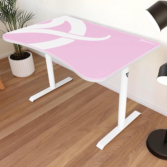 Arozzi Arena Fratello Curved Gaming and Office Desk with Full Surface Water Resistant Desk Mat Custom Monitor Mount Cable Management Cut Outs Under The Desk Cable Management Netting - Pink