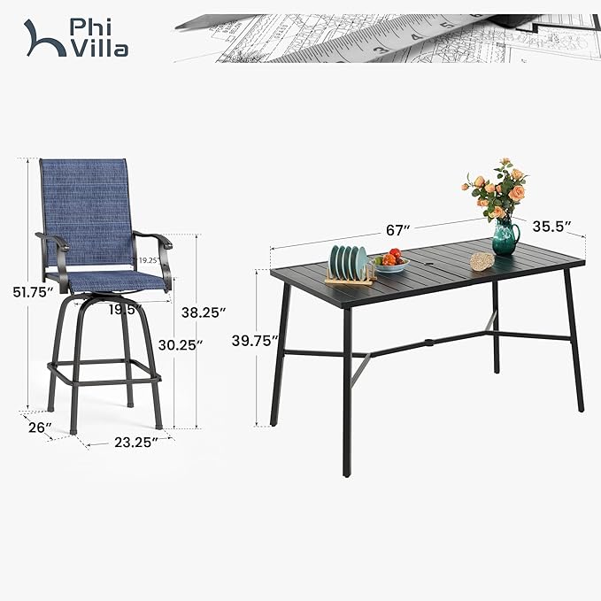 PHI VILLA Outdoor Bar Set, 7 Piece Patio Dining Table and Swivel Bar Stools with Metal Table, for Garden, Pool, Yard and Terrace