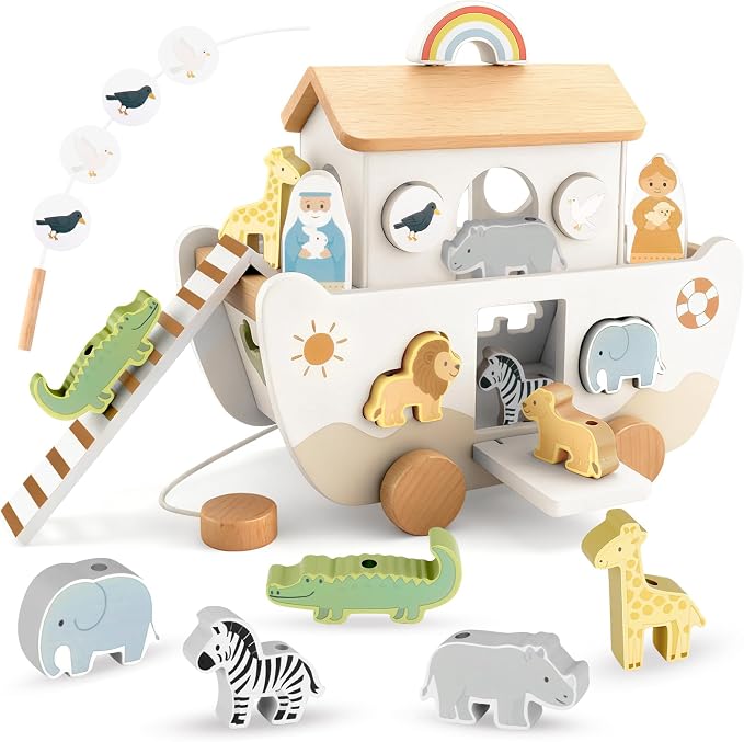 Wooden Noah’s Ark Toy for Toddlers 1-3, Baptism Christening Gifts for Boys Girls, Christian Toy Animal Shape Sorter, Baby Birthday