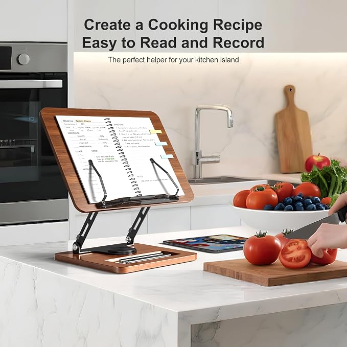 OPTIXCELL Book Stand for Reading, 360° Rotating Book Holder, Page Clips | Hands Free, Built-in Storage Tray, Adjustable Height Angle, Non-Slip, Foldable 13.3x9.4x1.9in, Fits Cookbook Tablet & Laptop