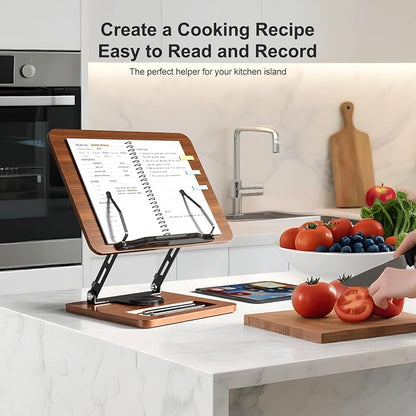 OPTIXCELL Book Stand for Reading, 360° Rotating Book Holder, Page Clips | Hands Free, Built-in Storage Tray, Adjustable Height Angle, Non-Slip, Foldable 13.3x9.4x1.9in, Fits Cookbook Tablet & Laptop