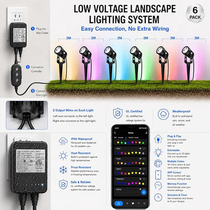 rosykite Smart RGBW Landscape Lighting Kit, WiFi & Bluetooth Outdoor Lights with Transformer, App/Remote/Controller Control, Color Changing Low Voltage Garden Lights for Yard Pathway Patio (6 Pack)