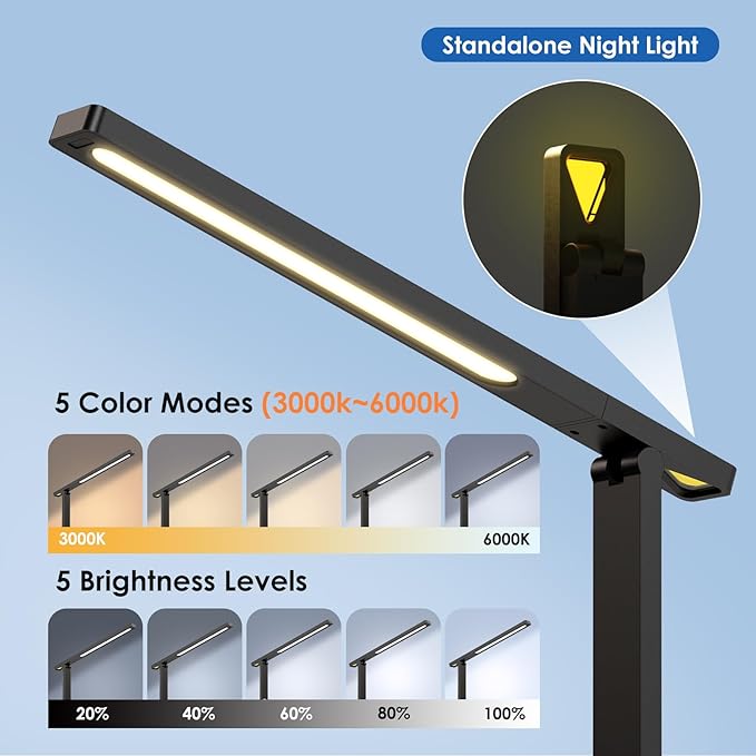 Desk Lamp with USB Charging Port: LED Eye-Caring Smart Table light for Home Office - 1 Type-C, 1 USB-A Charging Port, 2 AC Power Outlets.