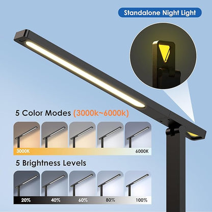 Desk Lamp with USB Charging Port: LED Eye-Caring Smart Table light for Home Office - 1 Type-C, 1 USB-A Charging Port, 2 AC Power Outlets.