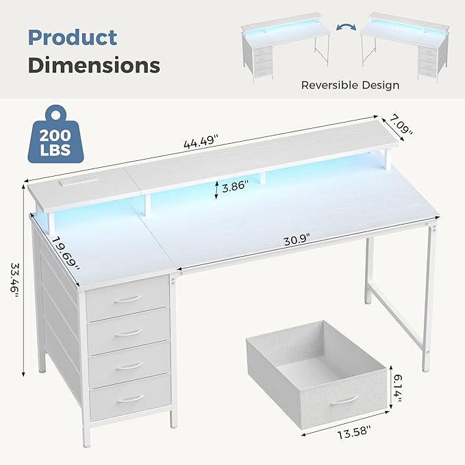 DUMOS 47-Inch Gaming Desk with Power Outlets and LED Lights, White | Computer Desk with 4 Storage Drawers, Home Office Desk with Monitor Stand, Small Desk for Bedroom Study