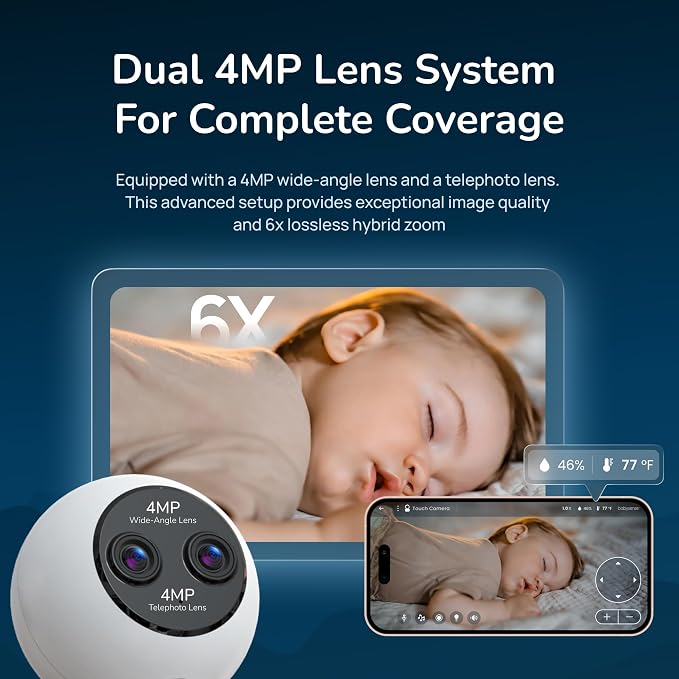 Babysense Touch Add-On Camera Unit – 4MP Dual-Lens (Wide & Telephoto), 6X Hybrid Zoom, AI Auto Tracking & Focus Area, Night Vision, Compatible w Touch Parent Unit/App (Monitor Not Included)