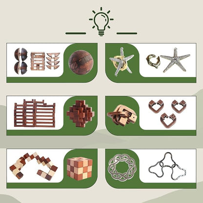 Puzzles Toys Brain Teaser Puzzles 12pcs Ring Puzzles Metal Wooden Puzzles Logic Lock for Adults Kids Toy Gift for Teens