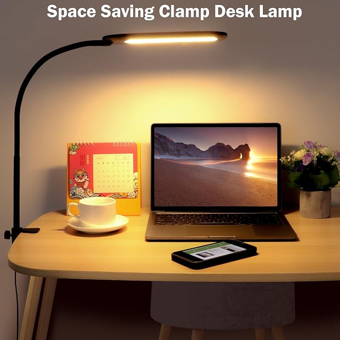 LED Desk lamps with Clamp for Home Office,High Brightness,3 Color Temperatures and Dimmable Clip On Desk Light,Flexible Gooseneck Desk Lamp with USB Adapter,Black