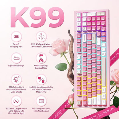LEOBOG x Aula Pink Keyboard Wireless Creamy Computer Gaming Keyboards | Silent Membrane Keyboard, 98 Keys 2000mAh Quiet Creamy Keyboard with Number Pad, Rechargeable, for PC Mac Office Dorm Rooms