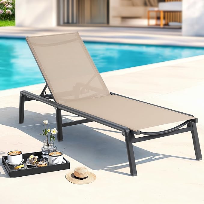 ONBRILL Aluminum Chaise Lounge Chair Outdoor, Foldable & Assembly Free Outdoor Lounge Chair with 5 Position Adjustable Backrest, Patio Pool Lounge Chairs for Outside Poolside Beach Lawn, 1PC, Khaki