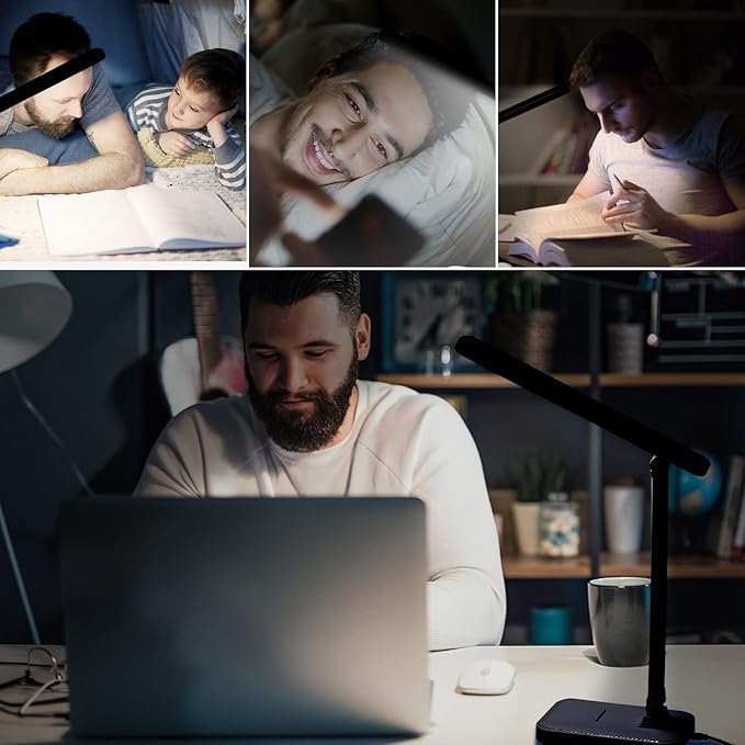 LED Desk Lamp with Touch Control, Reading Lamp No Flicker, 3 Color Modes, Foldable Table Lamp, Eye Caring Reading Light for Office, Home, Dormitory, USB Interface DC5V 1A(Black)