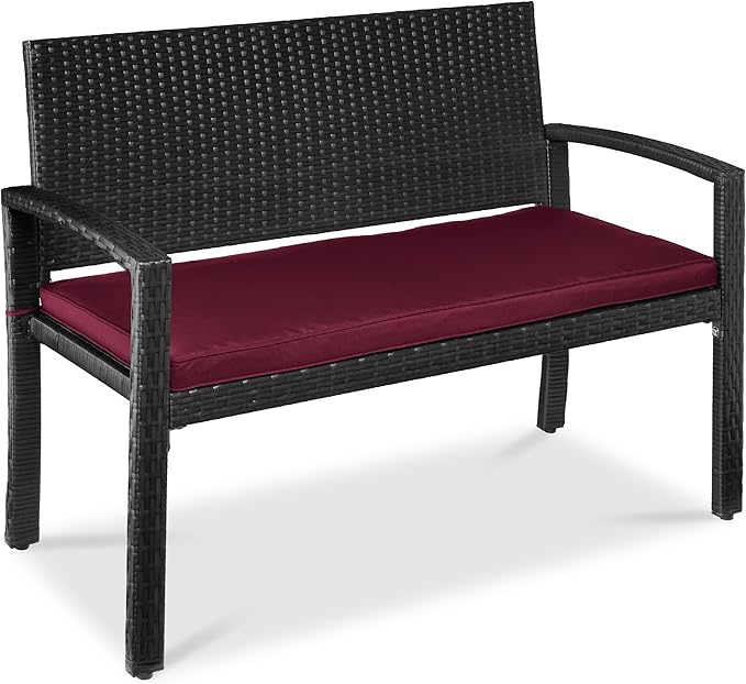 Best Choice Products Outdoor Bench 2-Person Wicker Garden Patio Benches Seating Furniture for Backyard, Porch w/Seat Cushion, 700lb Capacity - Deep Burgundy/Black