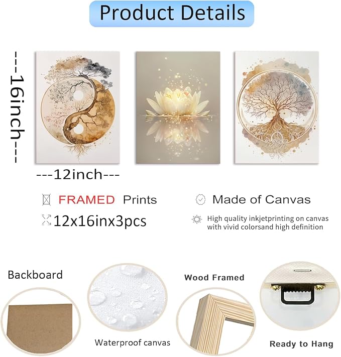 Tree of Life Wall Art Canvas Framed Set of 3 Lotus Zen Wall Decor Painting Poster Abstract YinYang Fall Art Picture Print Artwork for Living Room Yoga Room Bedroom Home Decoration 12x16 inch
