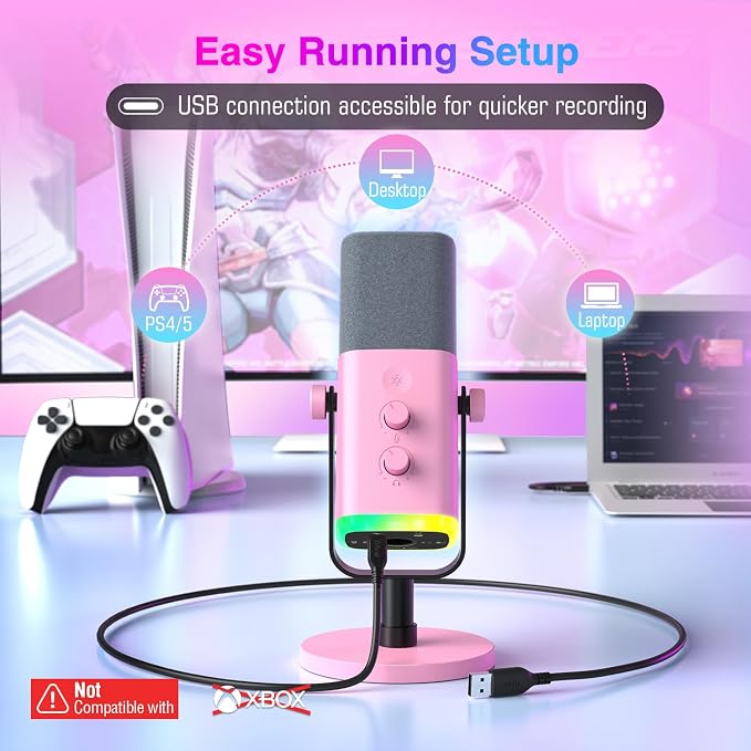 FIFINE AmpliGame AM8P XLR/USB Dynamic Microphone for Gaming Recording | PC Microphone with Controllable RGB, Headphones Jack, Mute Button, for Streaming Podcasting Voice-Over YouTube Video, Pink