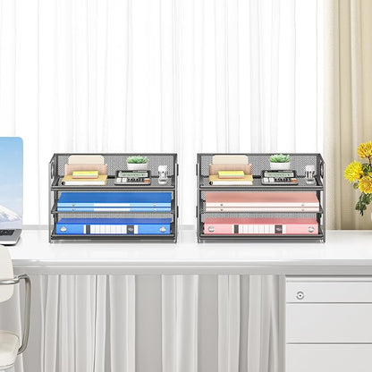 Subekyu 2-Pack 3-Tier Gray Metal Mesh Desk Paper Letter Tray & File Sorter Organizer with Handle + 1 Sliding Tray for Desk, Home, Office, School Supplies, A4 Paper and Accessories Storage