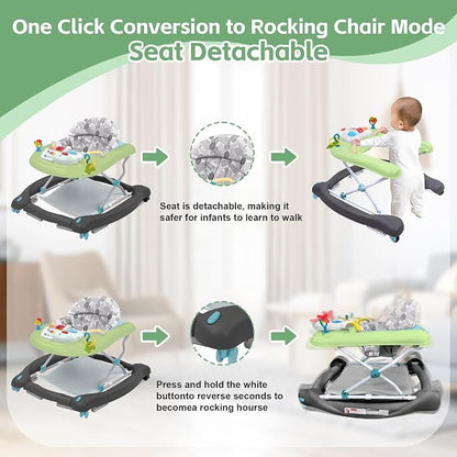Pawtong Foldable Baby 5-in-1 Activity Walker - Rocker, Activity Center, Bouncer, Seat Walker, Push Walker - Adjustable Speed Rear Wheels and Height Toys Ages 6-18 Months… (Green)