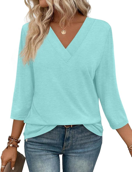 WIHOLL Womens Tops 3/4 Length Sleeve V Neck Casual Tunic Tops Basic Shirts Loose Fit Blouse