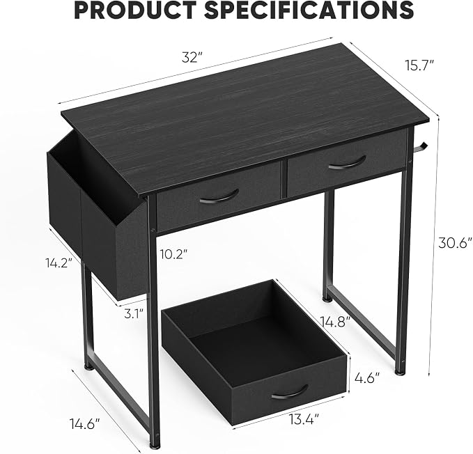DUMOS 32" Home Office Computer Desk with Drawers, Small Gaming Writing Study Table with Storage Side Bag, Headphone Hook and Adjustable Feet for Bedroom Black | Home Office Desk for Bedroom, Gaming Writing Study Desk with Adjustable Feet
