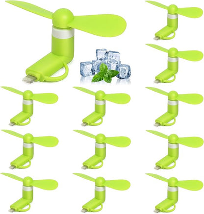 12 Pack Mini Fan, 2-in-1 Mini Cell Phone Fan Compatible for iPhone, iPad, Android Smartphone,Tablet Fit for Type C/Lightning Port Portable and Powerful Cell Phone Summer Accessories
