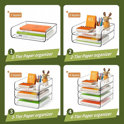 FANXIYQ 4-Tier Acrylic Paper Tray Organizer, Clear Stackable Desk File Organizer for Documents, Files, Letters, A4 Paper, Books, Notes, Mail & Paper Storage, Office Classroom Home