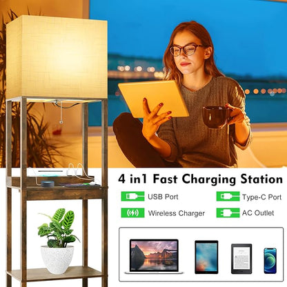 RUNTOP Floor Lamp with Shelves, Plus Shelf Lamp with Wireless Charger, 2 USB Port and Outlet, 1 Drawer, 15W LED Bulb, 3 Colors, Memory Function, Floor Lamps for Living Room, Standing Lamp for Bedroom