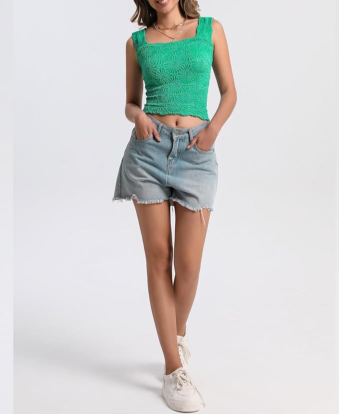 Women's Square Neck Wide Strap Crop Tank Tops Flower Going Out Tops Slim Fit Lettuce Trim Crop Cami Tops
