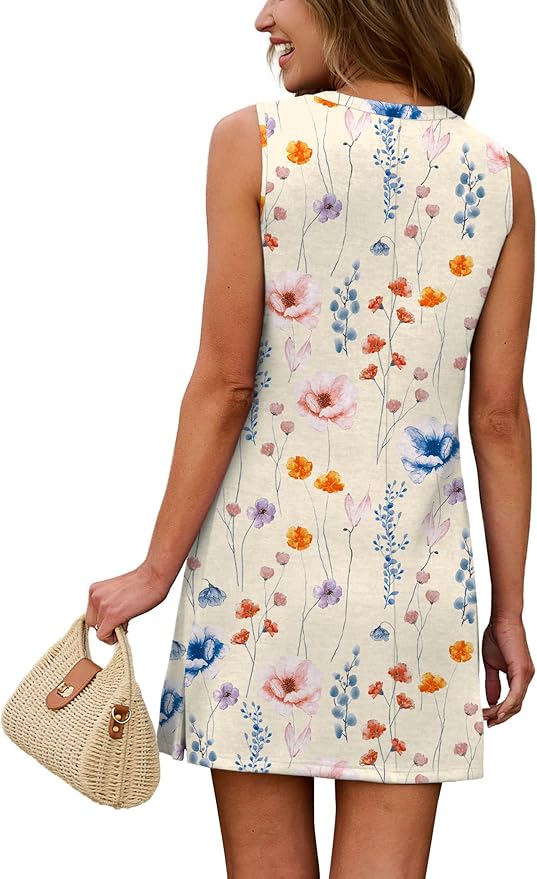WIHOLL Casual Dresses for Women Crewneck Sleeveless Tank Dress Summer Spring Boho Vacation Clothes