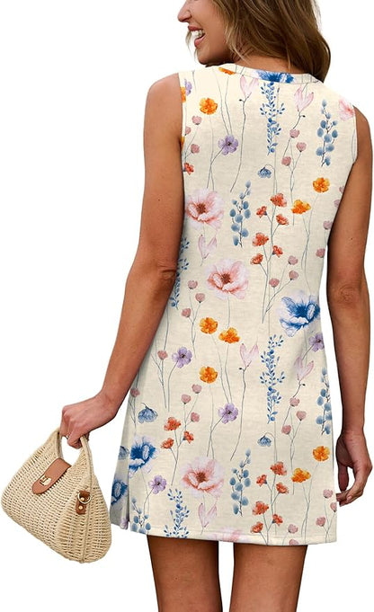 WIHOLL Casual Dresses for Women Crewneck Sleeveless Tank Dress Summer Spring Boho Vacation Clothes