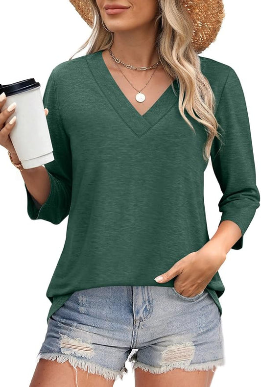 WIHOLL Womens Tops 3/4 Length Sleeve V Neck Casual Tunic Tops Basic Shirts Loose Fit Blouse
