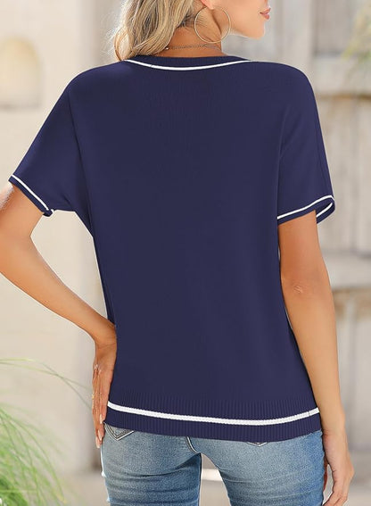 SHEWIN Womens Tops Trendy Short Sleeve Shirts Crewneck Lightweight Knit Sweater Top Business Casual Outfits