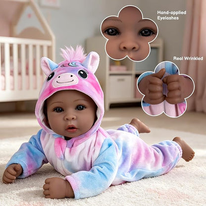 Aori 17 Inch Black Lifelike Baby Dolls Realistic Black Girl Doll with Soft Lightweight Body, Colorful Pony Outfit & Feeding Accessories, for Girls Age 3+