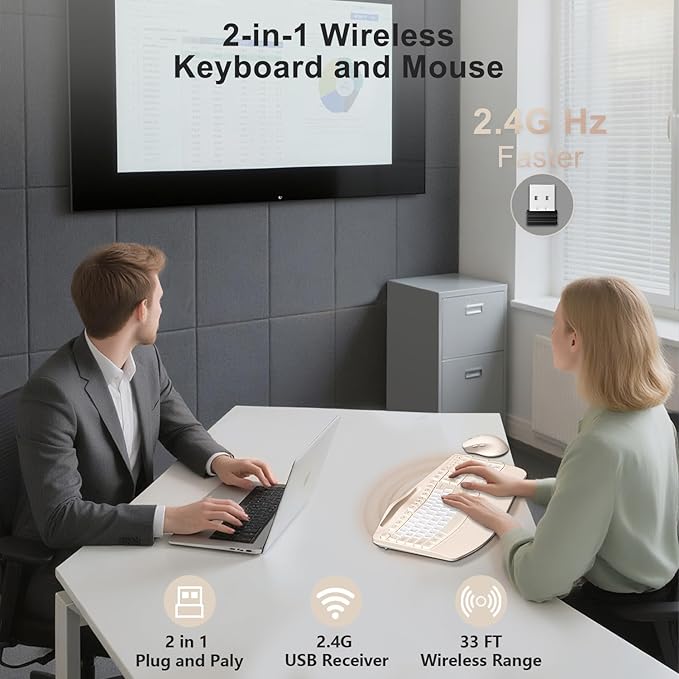 Wireless Keyboard and Mouse Combo, 2.4G Full Size Wave Keys Ergonomic Keyboard with Wrist Rest, Phone Holder, 3-Level DPI Wireless Silent Mouse with 6-Buttons, for Windows (Milk Tea-B)