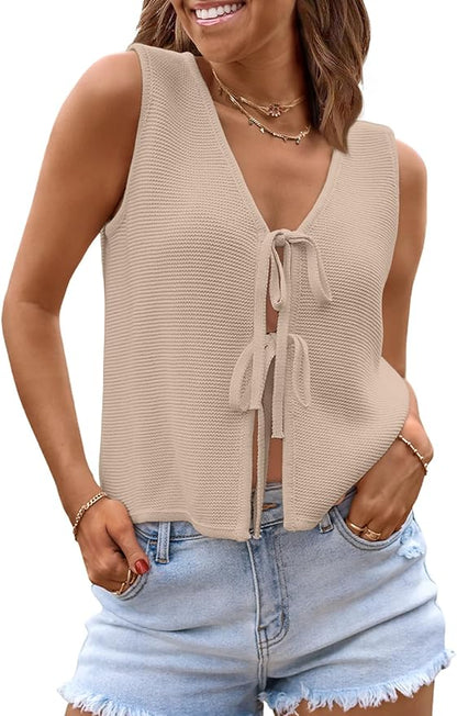 LILLUSORY Womens Tie Front Tops Vacation Sweater Vest | Bohemian Style, Beach Resort Wear, Concert Western Outfits, Crochet Tops, Vacation Outfits, Cute Y2k Sleeveless 2026