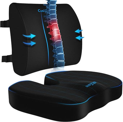 CushZone Ergonomic Seat Cushion & Lumbar Support Pillow - Memory Foam for Sciatica Pain Relief & Posture Correction, Non-Slip Chair Cushions for Office Chair/Car/Wheelchair/Travel (Black)