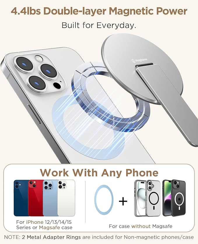 Magnetic Phone Stand Grip for Magsafe, Utral-Thin Snap-on Phone Kickstand, Holder & Grip, Foldable & Adjustable for Hands-Free Viewing | Compatible with Phone 16 15 14 13 12 Pro,Silver