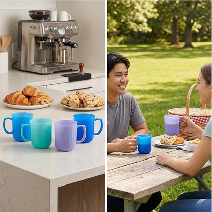 Plastic Coffee Cup with Handle set of 4, 13 oz Iced-Tea Mug Coastal | BPA Free Reusable Food Grade PP, Unbreakable, Dishwasher Safe, Lightweight, Elderly Kid Safe, Kitchen Party Camping Outdoor