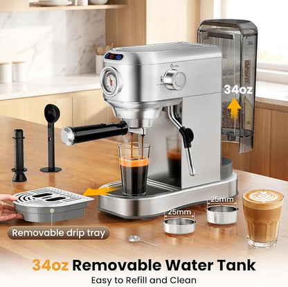 Espresso Machine 20 Bar, Compact Espresso Coffee Machine with Milk Frother, Stainless Steel Coffee Maker with 34oz Removable Water Tank, Cappuccino Machine for Home, Office, Latte (Silver)