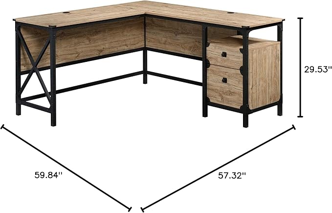 Sauder Steel River L-Shaped Desk, L: 59.84" x W: 57.32" x H: 29.53", Milled Mesquite Finish & Steel River Pedestal File Cabinet, L: 20.87" x W: 23.86" x H: 26.58", Milled Mesquite Finish