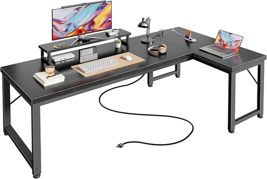PRAISUN 53" L Shaped Computer Desk, Power Outlets, Monitor Stand, Black | USB-C Ports, Reversible Charging Station, Spacious Desktop & Legroom, 0.94 Inch Thick Desktop, for Gaming, Study & Work